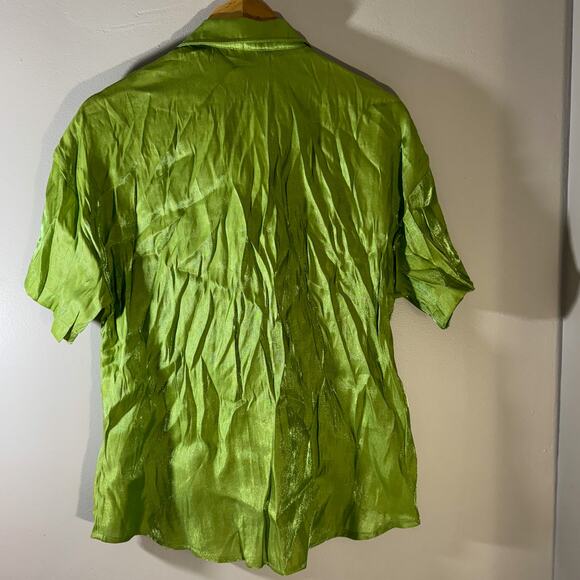 PAPERMOON Neon Lime Green Crinkle Shirt | Shiny Textured Short Sleeve Y2K Blouse - Picture 5 of 5